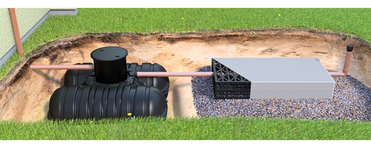 Regenwatertank met infiltratiekrat en grindbed in doorsnede