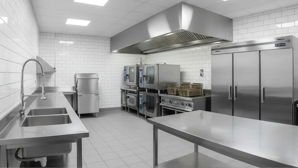 Professionele horecakeuken met roestvrijstalen apparatuur, passend bij de berekening van de capaciteit van een vetafscheider.