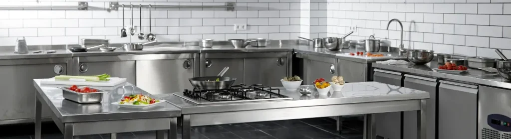 Een schone, professionele horecakeuken met roestvrijstalen werkbladen, een ideale omgeving voor het installeren van een vetput.