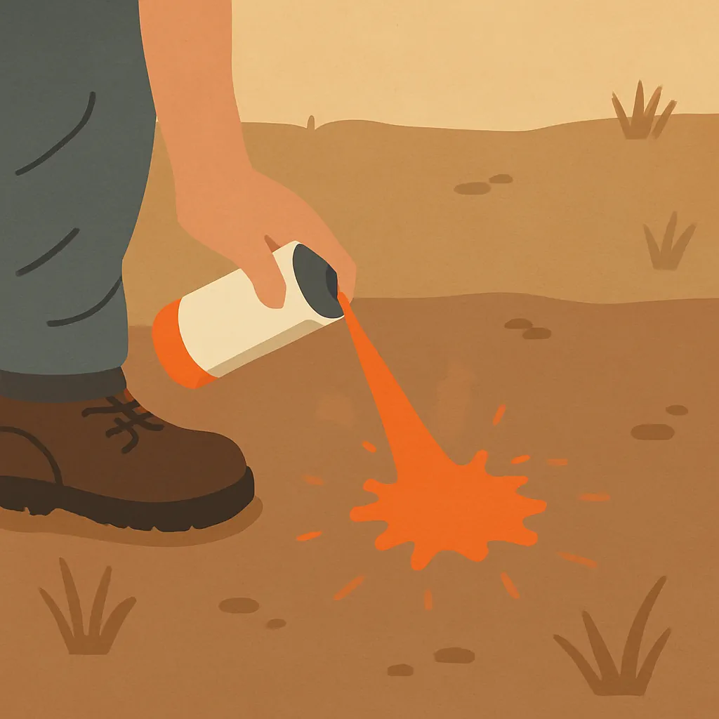 Man markeert de plek in de grond met spuitverf voor het installeren van een ondergrondse vetafscheider dicht bij de keuken