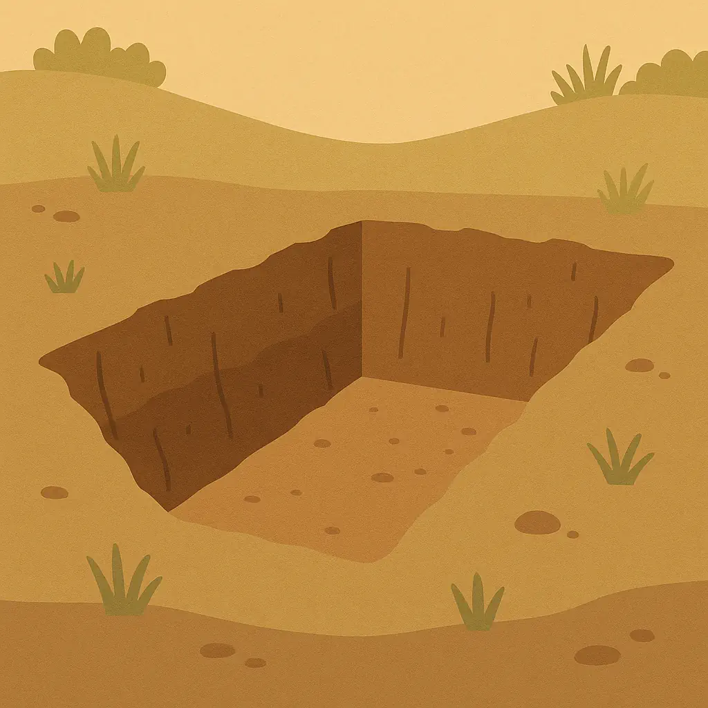 Gegraven put in de grond als voorbereiding voor de plaatsing van een vetput met voldoende ruimte rondom voor een stabiele installatie